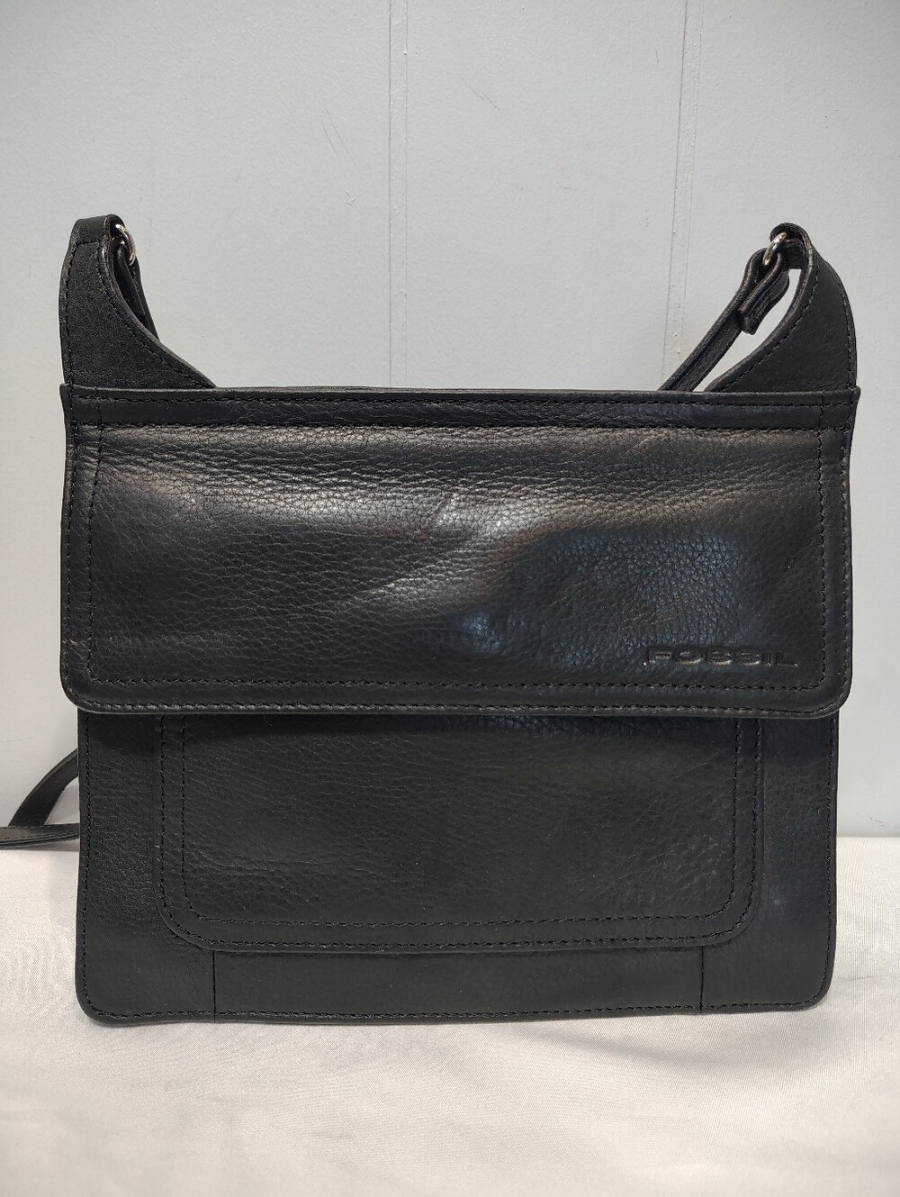 Vintage Fossil Black Leather Double Flap Square Crossbody Bag EUC